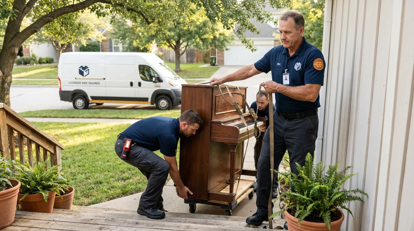 Licensed piano movers securing grand piano in Oak Forest, IL