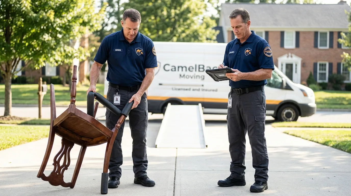 Movers inspecting furniture for damage prevention before loading in Oak Forest, IL