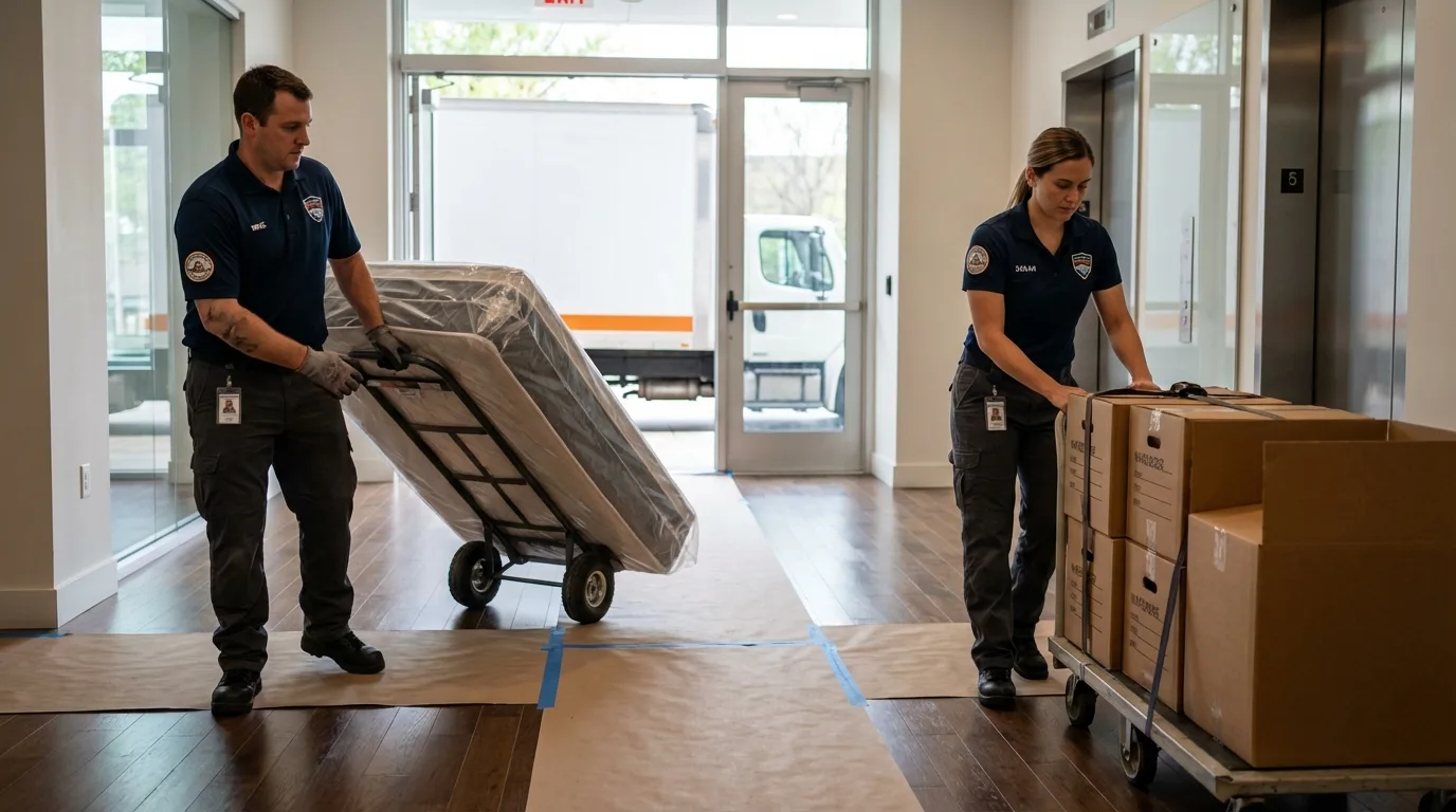 Professional apartment movers loading elevator in Oak Forest, IL
